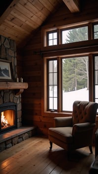A cozy cabin scene featuring a woodburning fireplace during winter illustrated in 3D with intricate details photo