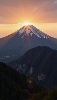 Mountain sunset viewed through traditional Japanese art photo