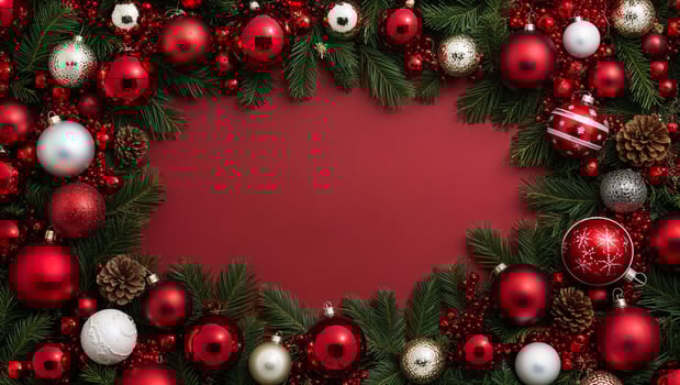 Christmas wreath with red and silver balls on a red background photo