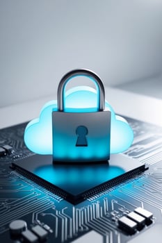 Cloud computing concept with padlock on top of circuit board photo