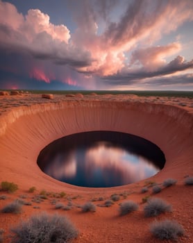 A large hole in the desert with a lake in the middle photo