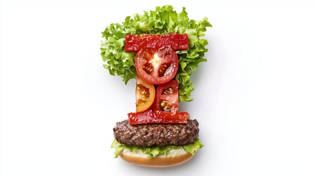 artistic arrangement showcases letter I crafted from layers of fresh lettuce juicy tomatoes and hearty hamburger patty on a seamless white surface celebrating culinary creativity. photo