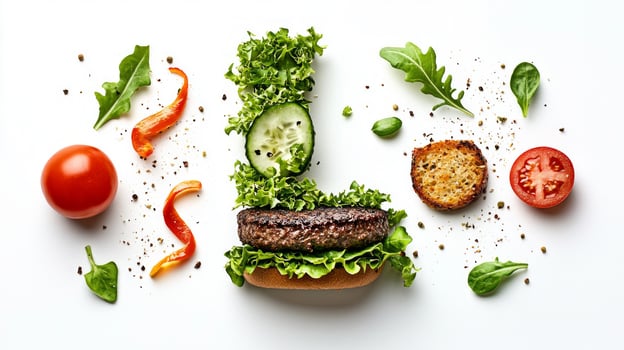 letter L is artfully composed using savory hamburger components showcasing vibrant vegetables and textures. This culinary creation highlights the beauty of edible design. photo