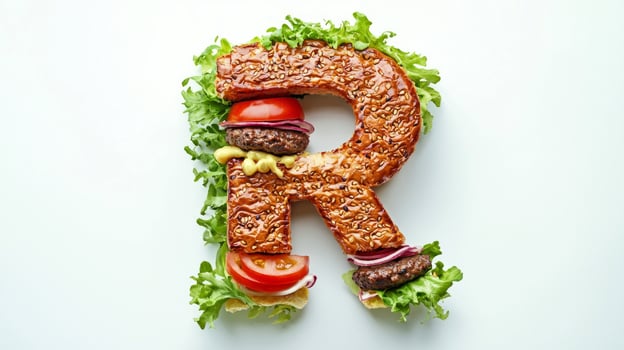 visually striking letter R crafted from toppings of a hamburger featuring layers of lettuce tomato onion and patties all set against a pristine white backdrop. photo