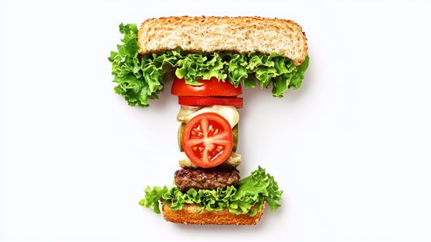 Crafted from juicy ingredients a letter T stands tall and appetizing showcasing layers of lettuce tomato and savory burger patty against a clean white backdrop. photo