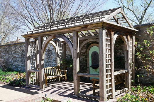 Wooden antique pavilion in green garden park at Missouri botanical garden- Saint Louis city, United states photo