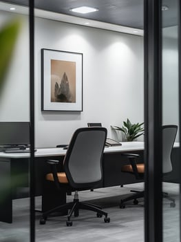 Conference room with chairs, table, window and writing board. Concept od business, marketing, modern office photo