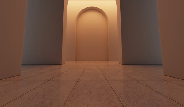 Empty corridor with many white arches in perspective view. Abstract architecture. Archway. Interior design. Step forward. Philosophical classic. Illuminated corridor. 3D illustration photo