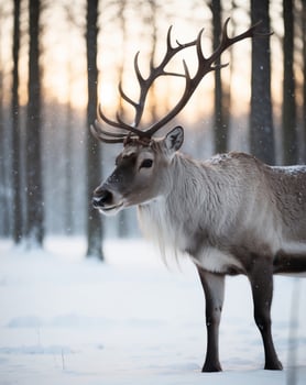 Reindeer in a Snowy Forest at Golden Hour. photo
