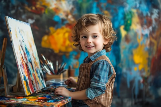 A joyful young child smiling while painting in a vibrant art studio photo