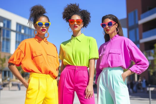 Women dressed in 1980s inspired oversized outfits featuring bold colors photo