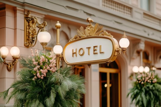 Elegant hotel entrance adorned with lush floral arrangements photo