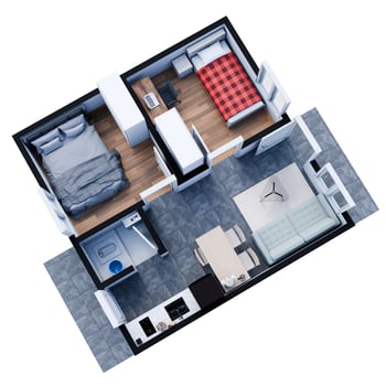 3D Floor plan of a home, 3D illustration. House Type 36 Sqm. Top View. photo