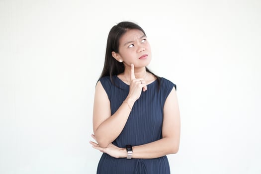 Beautiful Asian Woman wearing formal dress Thinking concept Isolated On White Background photo