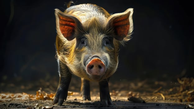 a small pig standing on top of a dirt field photo
