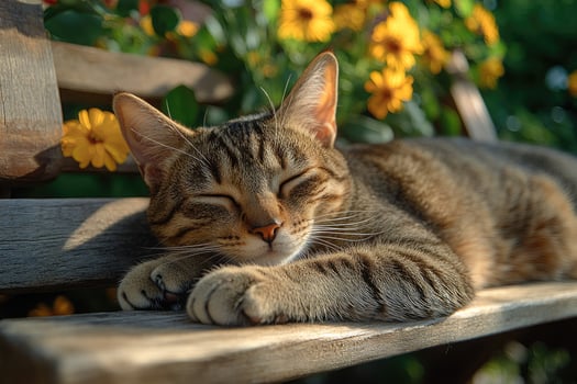 Tabby cat sleeping peacefully on wooden bench photo