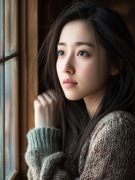 Pensive Asian Woman Gazing Through Window During Winter Alone photo