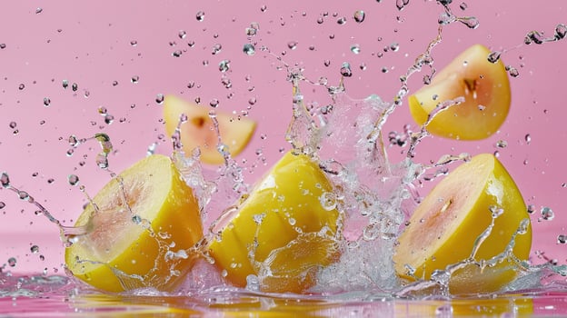 Levitating and splashing lychee pieces separated photo