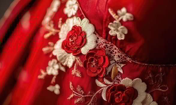 A red dress with white flowers embroidered on it photo