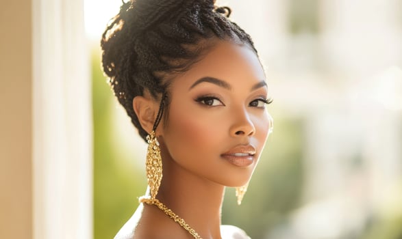 A woman with long hair and gold earrings is standing in front of a window photo