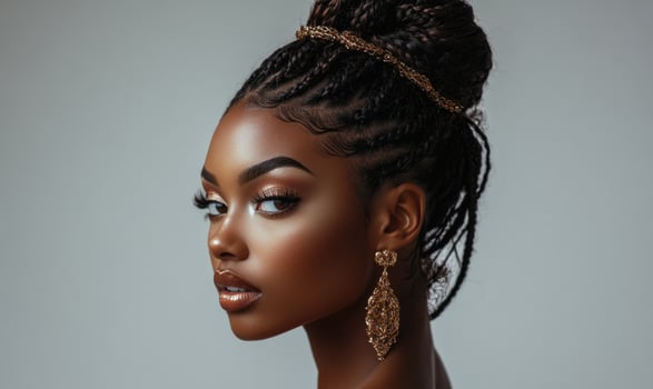A woman with a gold headband and earrings photo