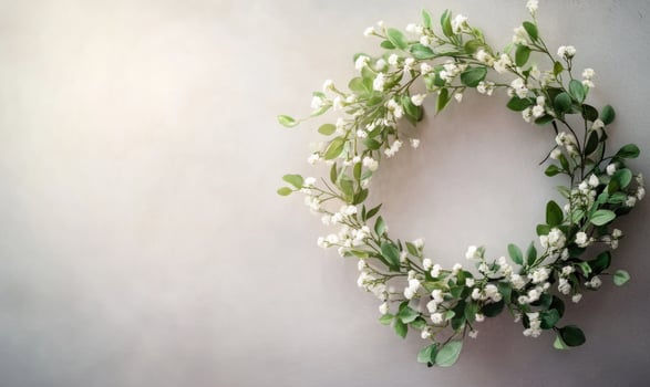 A wreath of white flowers is hanging on a wall photo