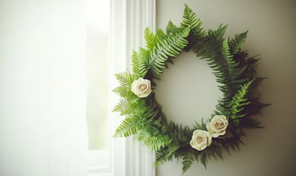 A wreath with white flowers and green leaves is hanging on a wall photo
