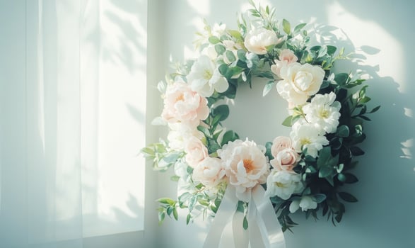 A wreath of flowers is hanging on a wall photo