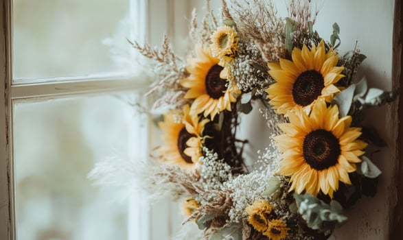 A wreath of yellow flowers is hanging in a window photo