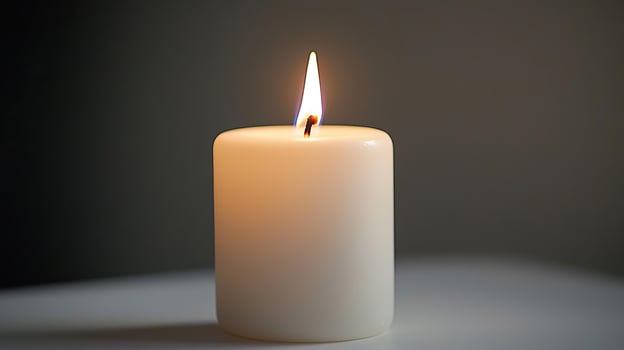 Minimalist composition featuring a white candle burning softly, with a simple white background, a study in serenity and simplicity photo