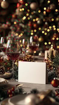 Blank Christmas dinner party card mockup, festive dining scene photo