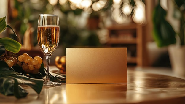 A5 golden card, elegant on table mockup, brunch and bubbly cocktail theme, mockup, flat lay photo