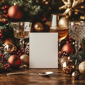 Blank Christmas cocktail bar card mockup, chic holiday ambiance photo