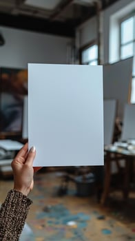 a woman hand holding up a a blank white piece of A4 paper, there is an art studio in the background, realistic photo