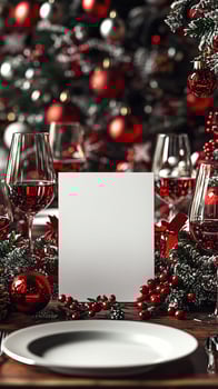 Blank Christmas dinner party card mockup, festive dining scene photo