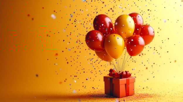 Colorful balloons and confetti above a gift box. Bright red and yellow balloons float over a beautifully wrapped gift, surrounded by colorful confetti, creating a festive atmosphere. photo