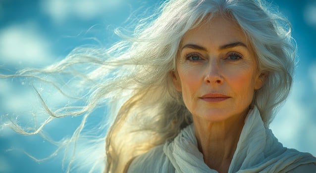 Serene woman with flowing gray hair outdoors. A graceful woman with long gray hair stands outdoors, radiating tranquility against a softly blurred background of blue skies. photo