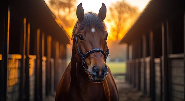 Horse in stable at sunset with warm glowing light. A beautiful horse stands calmly in its stable as the sun sets, casting a warm glow through the barn's open doors. photo