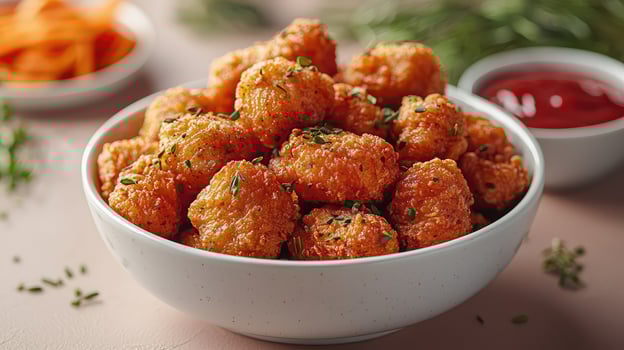 A bowl of fried chicken nuggets with sauce photo