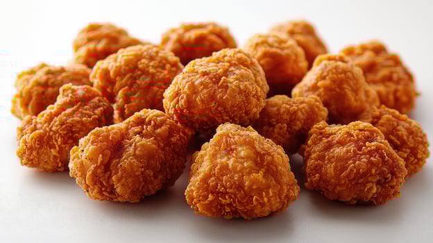A pile of fried chicken nuggets on a white surface photo
