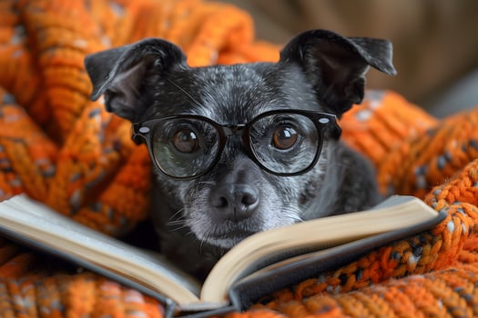 Cozy Dog with Glasses Reading a Book on an Orange Blanket - Perfect for Pet Lovers and Literature Enthusiasts photo