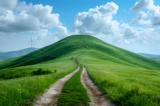 Idyllic Landscape with Rolling Green Hills, Wind Turbines, and Cloudy Blue Sky for Nature-Themed Prints photo