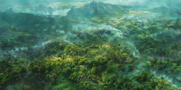 Aerial View of Misty Green Valleys and Rivers photo