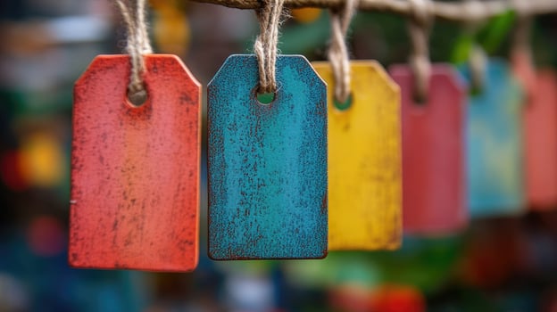 Colorful wooden tags hanging from a string photo