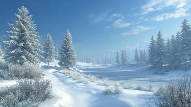 Snow covered landscape leading to mountains under blue sky photo