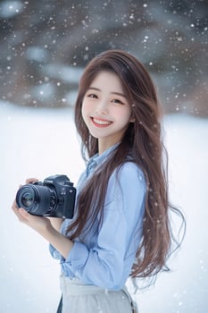 Cute Korean girl with long hair, smiling and holding a Canon EOS M camera in her hand photo