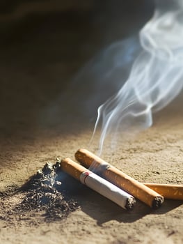 Tobacco Smoked cigarette ash waste on the ground photo