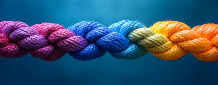 Colorful braided rope on a blue background. A vibrant, multi-colored rope braided with pink, purple, blue, green, and orange stands out against a soft blue background. photo