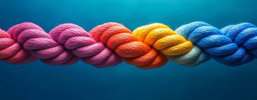Vibrantly colored ropes intertwined in water. Colorful ropes of pink, red, orange, yellow, and blue are artistically intertwined, creating a striking visual contrast in the water. photo