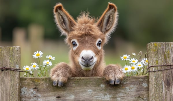 Young donkey explores a farm with flowers nearby. A curious young donkey peeks over a rustic fence surrounded by blooming daisies on a tranquil farm. photo